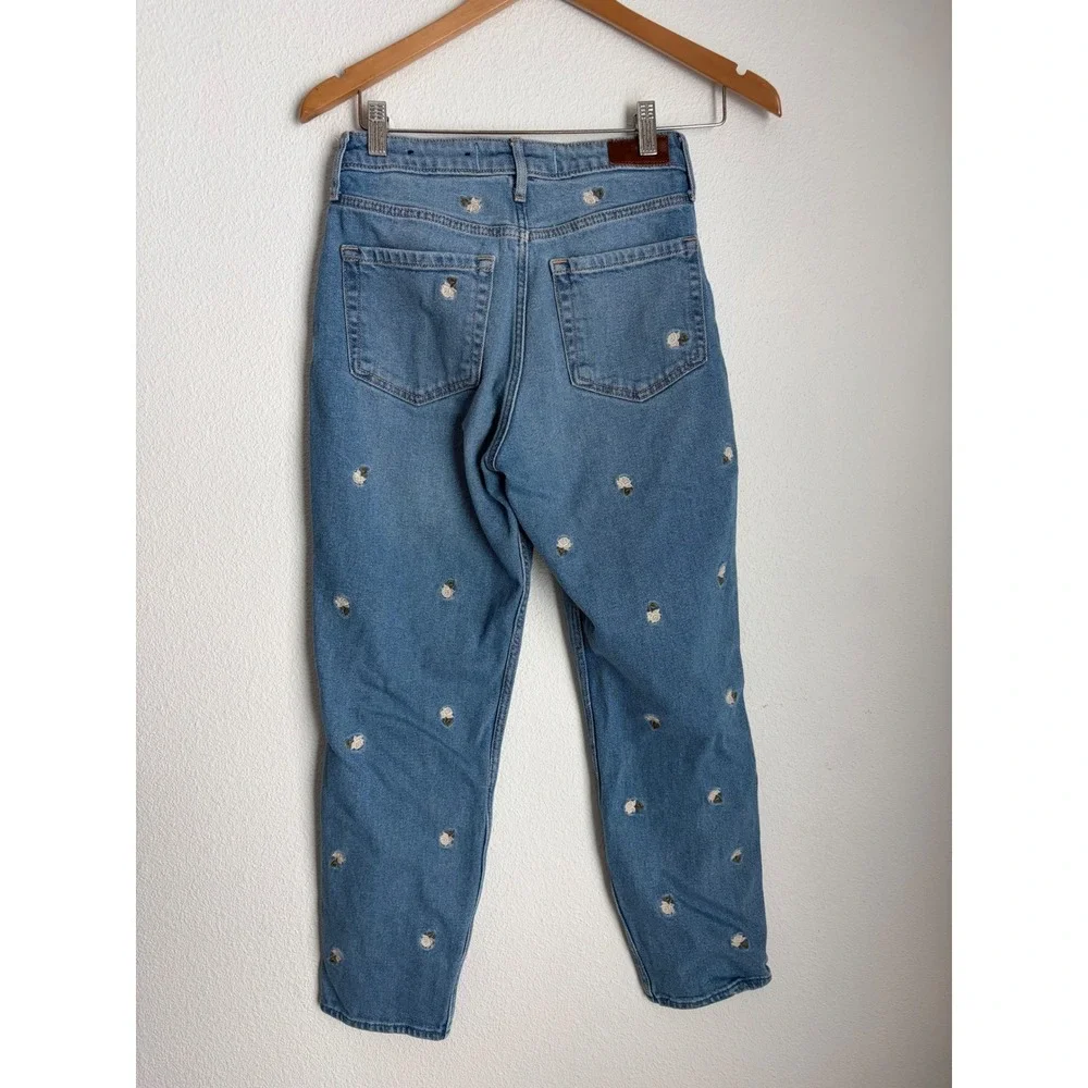 Hollister Ultra High-Rise Mom‎ Jeans Floral Embroidered Rose Blue Denim